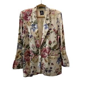 San Moire Pink Cream Floral Mid Length Blazer Jacket Vintage 90s Womens Size L
